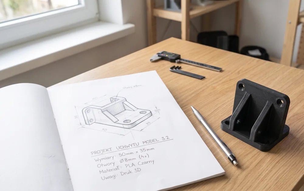 Szkic techniczny w notesie obok wydrukowanego uchwytu 3D